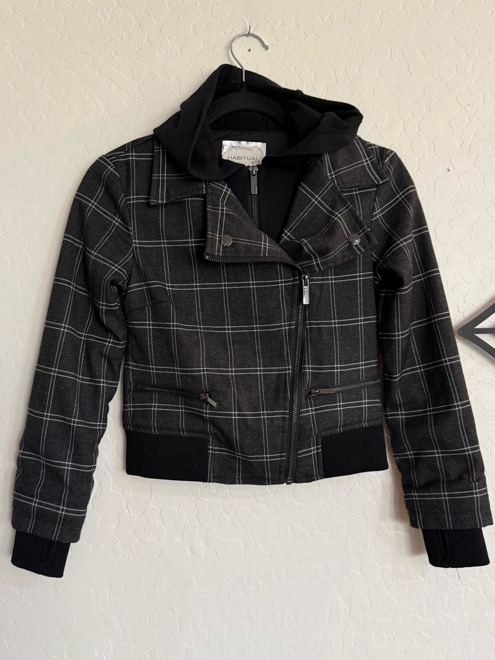 HABITUAL GIRL Lyla Plaid Hooded Moto Jacket Size 10 Gray Black EUC